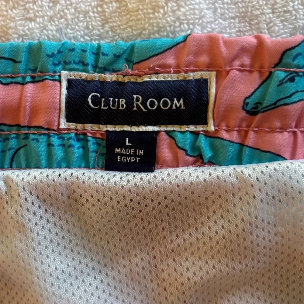 Club Room Mens Alligator Swim Trunks Large Pink Teal‎ Elastic Waist Pockets